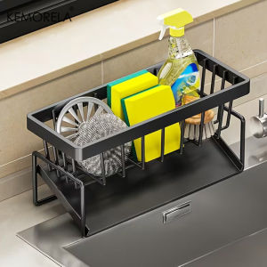 Versatile Kitchen Sink Organizer With and Without Towel Rack Metal Sponge Holder Dish Soap Caddy Self-Draining Tray No-Drill
