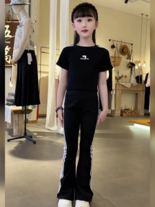 Girls Summer Sports Set Striped Short Sleeve Slim Flared Pants Yoga Clothes Two Piece Set Korean Style Childrens Clothing