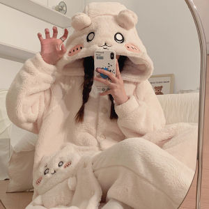 Usaage Nightgown Chiikawa Jiicawa Pajamas Womens Winter Cute Cartoon Coral Fleece Homewear Suit