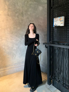 ChenMiFan Long Sleeve Knitted Dress Womens Autumn Winter Pleated Bubble Sleeve Black Dress Square Collar Fitted Y Shape