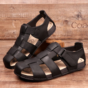 Leather Sandals Breathable Soft Bottom Beach Shoes Middle Aged And Elderly Mens Summer Casual Slip-On Flats with Toe Cover