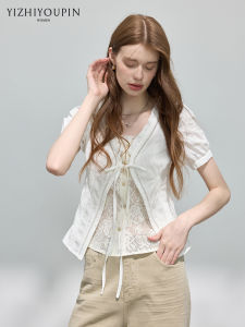 French Sweet Style Illusion Two-piece Short Sleeve V-neck Lace Trim Fitted Shirt