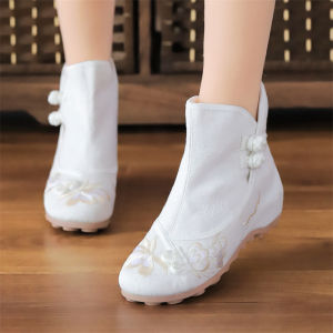 Autumn New Embroidered Womens Dance Shoes Hanfu Style Cotton Boots Slope Heel Inner Heightening Floral Pattern round Toe