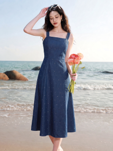 Basic House | Blue Polka Dot Tie Waist Dress