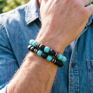 Bộ 2 Vòng Tay Nam 8mm Đá Mắt Hổ Mã Não Obsidian Hematit Năng Lượng Tích Cực Charm Đá Dành Cho Nam