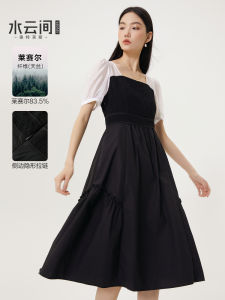 Black French Style Square Collar Dress Womens Fashion Splicing Design Waist Cinching Summer New Arrival A-Line Dress