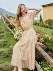 XIANGYING | Floral Print Chiffon Dress Slim Waist