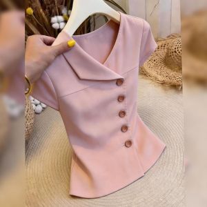 KUNAILIN | Elegant Pink Single-button Short Sleeve Top Slim