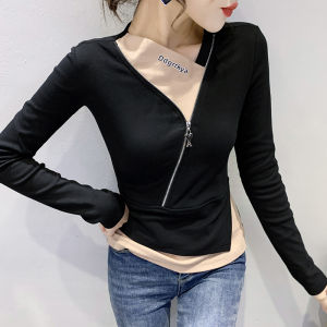 เสื้อซิปคอวี 2023 ผู้หญิง ซับในแขนยาวฤดูใบไม้ร่วง/ฤดูหนาว เสื้อซับในบางแหวกแนว