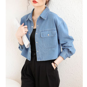 Jiulie Spring Autumn Short Denim Jacket Womens 2025 New Design Versatile Shirt Small Size Thin Top Cotton Polo Collar Button up