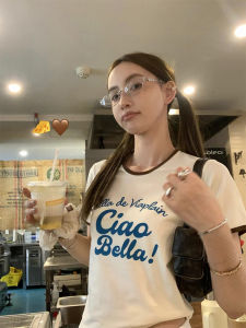 Summer Short Sleeve T-Shirt 13C High Cotton Content Retro Contrast Color Ribbing Edge Cheese Letter All-Match American Style