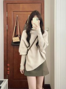 Korean Style High Collar Knitted Sweater Womens Soft Cozy Autumn Winter Fashion Lazy Style Advanced Feeling Straight Tube Top