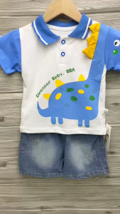 Terno for Kids Boy Polo Blue Dinosaur Design Shirt Maong Short 1-5yrs old E76