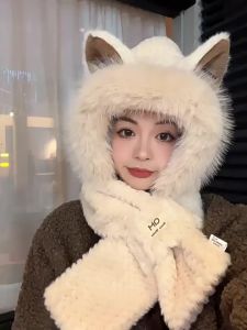 Mũ Len Trùm Tai Kèm Khăn Choàng Lông Dày Giữ Ấm Mùa Đông Phong Cách Tai Cáo