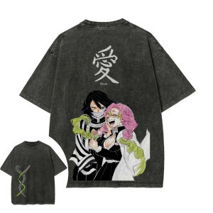 Bandai | Demon Slayer Mens and Womens Washed T-Shirt Mitsuri Kanroji Obanai Iguro Summer Spring Anime Tee Retro Distressed Short Sleeve