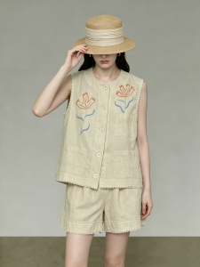 GULILI | Vacation Style Linen Embroidered Sleeveless Top Shorts Set Summer