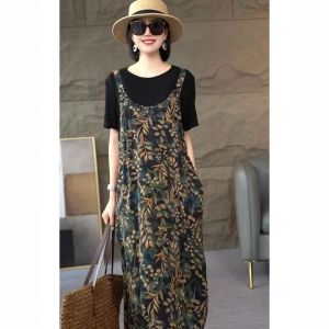 Korean Style New Design Patchwork Round Neck Short Sleeve Dresses 2024 New Version Fake Two-piece Showing Slim Basic Retro Floral Print Dress Plus Size