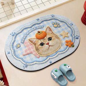 VIKAMA Oval Bath Mat Cute Cartoon Cat Animal Letter Print Non‑Slip Absorbent Floor Mat Bathroom Home Entrance Decor