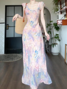 Xzy Plus Size Ladies French Monet Oil Painting Floral Strap Dress Female Summer Vacation Style Slimming Dress