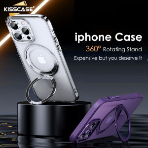 【360° Bracket】KISSCASE For iPhone15ProMax Magsafe Any Angle Rotation Holder Stand Case With Finger Ring Bracket Foldabke Holder PC Matte Frosted Full Transparent Hard Shell Cover For iPhone 15 Pro Max 14 Plus 13 12 11