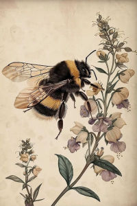 Boho Bee in Blue Flower Print Moody Lupine Bumblebee Decor Botanical Printable Dark Academia Cottagecore Wall Art Vintage Poster
