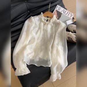 YUFUQING | Elegant French Style Lace Bubble Sleeve Stand Collar Shirt Womens Fashion Spring New Arrival Polyester Fiber Long Sleeve Top