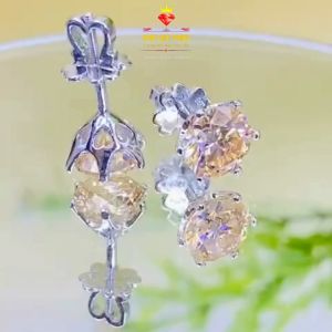 Bông tai nữ bạc xi bạch kim Moissanite Mỹ 58 giác màu vàng trà 4-6.5mm Khuyên tai nam đính Kim cương nhân tạo Moissanite kiểm định GRA KIM LỘC PHÁT