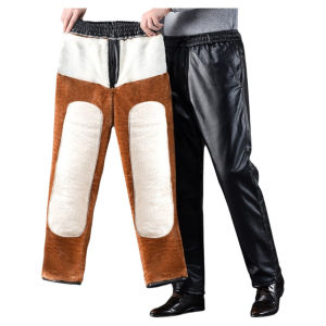 Mens Fleece Lined Thickened Leather Pants Motorcycle Riding Windproof Waterproof Loose Warm Winter Cotton Trousers Convenient