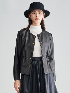 MY TENO | Black Short Round Neck Waist-Cinching Long Sleeve Leather Jacket Casual Elegant Style Autumn Winter New Arrival Womens Coat