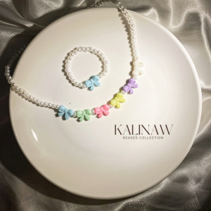 KALINAW Pearl & Ribbon Candy Colored Pastel Necklace & Bracelet Set for Kids