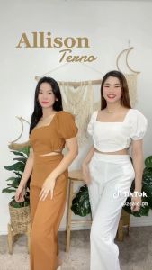 ZEALO Allison Puff Shortsleeves Tie Crop Top and Pocket Wide Leg Pants Terno Set Coordinates Linen Small Medium Semi-Large Teal Olive Syrup Sage Coffee Black Old Rose Brown Choco Army