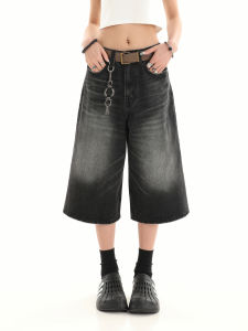 กางเกงยีนส์ขากว้าง7ส่วนสำหรับผู้หญิงกางเกงขาตรงสีซีดทำให้ดูเก่าแนววินเทจสำหรับฤดูร้อนกางเกงสั้นแนวไฮสตรีทแบรนด์ฮิต INS สไตล์อเมริกัน