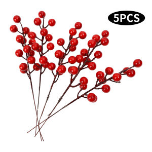 YESPERY 5PCS/Pack Christmas Decoration Simulation Willow Branch Red Berries Christmas Tree Decor Foam Pine Branches Holly Ornament