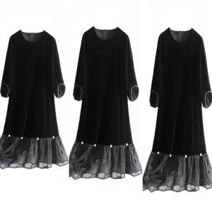 Slimming Velvet Dress round Neck Embellished Hem Draped Autumn Winter Womens Fashion Commute Style A-Line Skirt Casual Wear