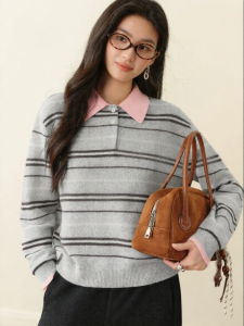 SEIFINI | Colorful Stripe Polo Collar Knit Sweater Female