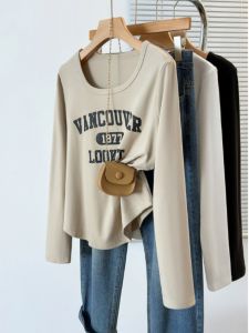 Large Size Letters Print Long Sleeves T-shirt Autumn and Winter Thickening Bottoming Shirt Female Fat Sister Belly Covering Figure Flattering Fashionable Top