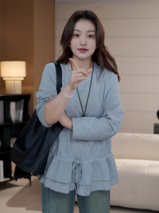 Áo Thun Cổ Tròn Màu Xám Cỡ Lớn Phong Cách Hàn Quốc Có Dây Rút Dáng Rộng Mặc Trong Dáng Rộng Mặc Mùa Thu Áo Thun