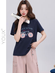 YOUXIANG | Áo Thun Tay Ngắn Cổ Tròn Thêu Xe Đạp Phong Cách Lãng Mạn Hợp Xu Hướng Mùa Hè