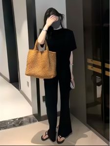 Black Casual Set Women Summer Simple round Neck Short Sleeve High Waist Versatile Straight Leg Wide Leg Pants Two Piece Trendy