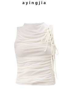 เผ็ด ยืดได้ ตาข่าย คอคล้องคอ แขนกุด เสื้อกั๊กผู้หญิง ฤดูร้อน เอว Shaping พลีท สายคล้อง Top หวาน สไตล์ชิ้นเดียวความยาวสั้นสีบริสุทธิ์