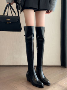 Cool Dual-Wear Ins Pointed-Toe Chunky Heel สีดำ รองเท้าบูทยาวเหนือเข่าผู้หญิงขาหนา พรางหุ่น เซ็กซี่ รองเท้าบูทอัศวิน ทันสมัย ฤดูหนาว