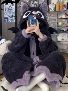 Thickened Fleece Pajama Set Womens Winter Home Clothes Coral Velvet Sleepwear Long Sleeve Hooded Robe Sweet Cute Style Polyester Fiber