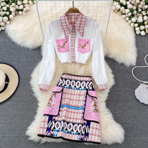 Fashion Suit Female Socialite Elegant Positioning Printed Loose Long Sleeves Shirt Two-piece Set High Waist Skirt Short Skirt Spring