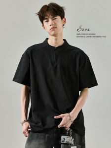 SZON | Áo Thun Nam Cổ Trụ Nửa Mở Nhanh Khô Chất Liệu Kẻ Sọc Lạnh