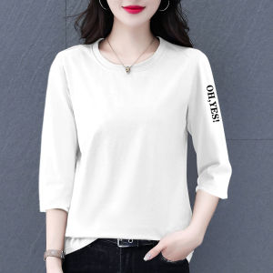 ผู้หญิง ผ้าฝ้าย เสื้อยืด ฤดูร้อน หลวม แขนสามส่วน ทันสมัย คลุมเนื้อ มีสไตล์ Match Upper Body Shirt ลำลอง Wear