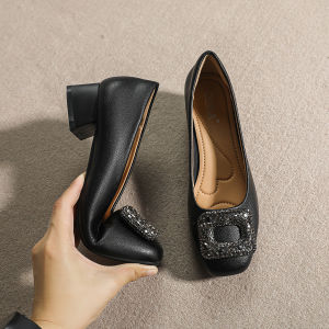 Leather Square Head Thick Heel Single Shoes Womens Water Diamond Square Buckle Medium Heel Soft Bottom Versatile Comfortable Black Work Shoes