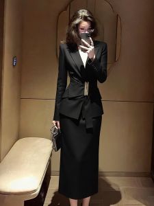 SHANGSHA | Stylish Elegant Noble Lady Atmosphere Black Dress Set