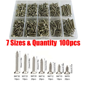 100/200 Piece M4 Stainless Steel Self-Tapping Screw Set Wood Locking Screws Suitable for Locking Wood and Metal