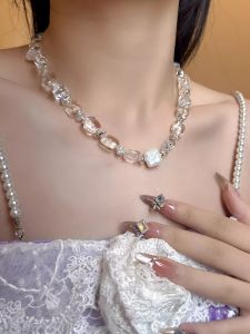 Elegant Crystal Beaded Pearl Pendant Necklace Womens Fashionable Choker Chain Jewelry Simple Style Transparent Color