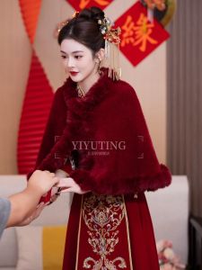 Bộ Đồ Cưới Trung Hoa Áo Khoác Lông Cừu Áo Choàng Lông Cừu Áo Khoác Lông Cừu Mùa Đông Áo Khoác Lông Cừu Cưới Cho Cô Dâu